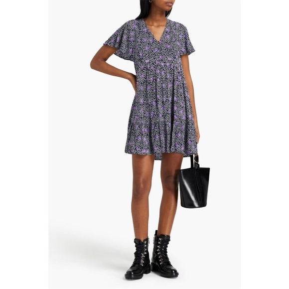 Maje Risee Floral Purple Oversized Flutter Sleeve Mini Dress Size FR 38 (US 6) - Picture 14 of 15